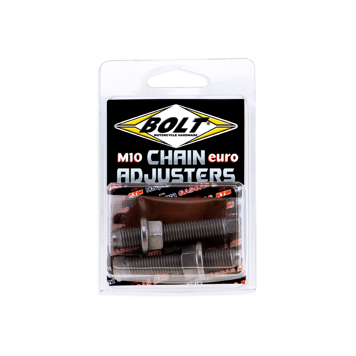 SWING ARM CHAIN ADJUSTERS NUT/BOLT M10 EURO STYLE KTM/HQV/GAS (STEEL, INCLUDES COPPER GREASE)